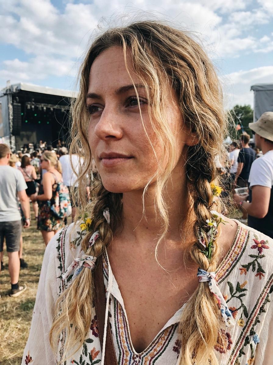 Messy Bun mit Face-Framing Strähnen - Festival Frisur